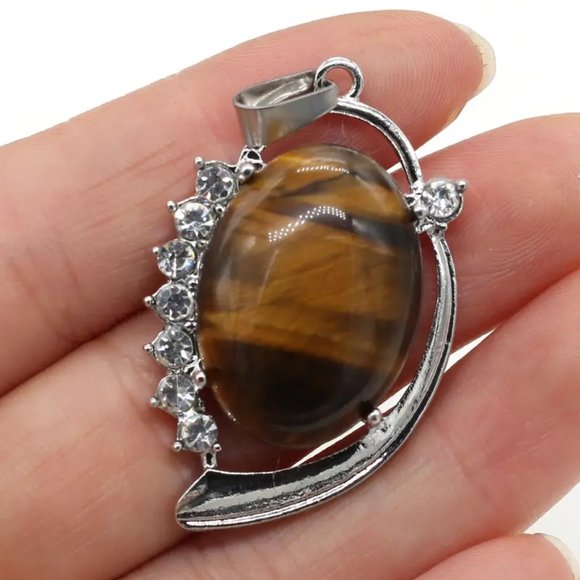 Tiger Eye Natural Stone Pendant Vintage Oval Shape with Sparkling Stones - Picture 2 of 2